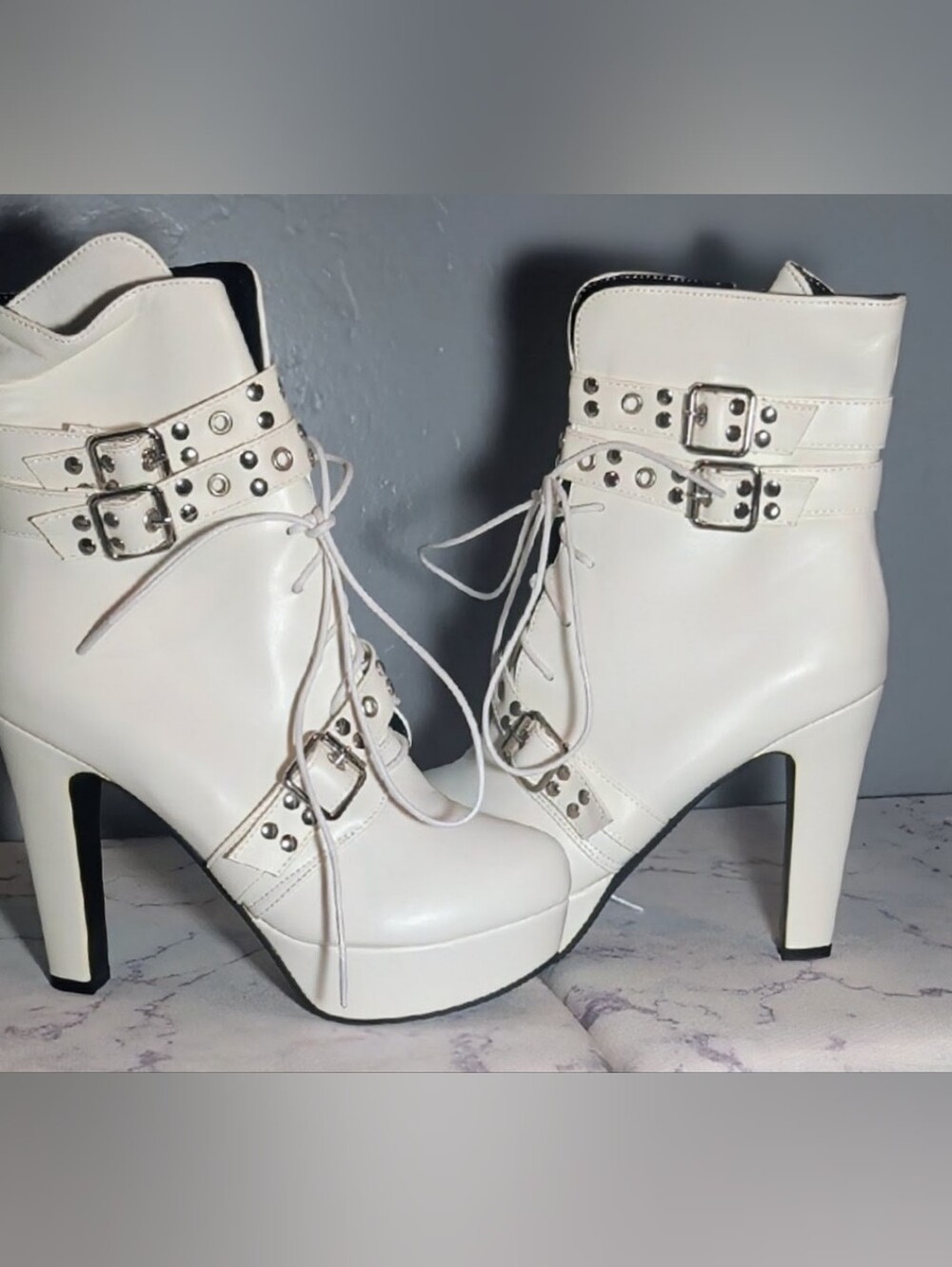 White Studded Lace-Up Platform Ankle Boots - Women's